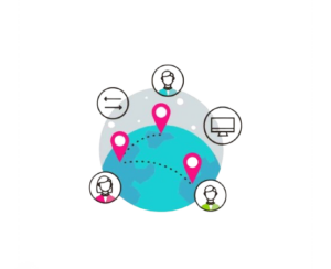 Illustration d’un réseau de formation à distance avec des localisations sur une carte du monde et des profils connectés.