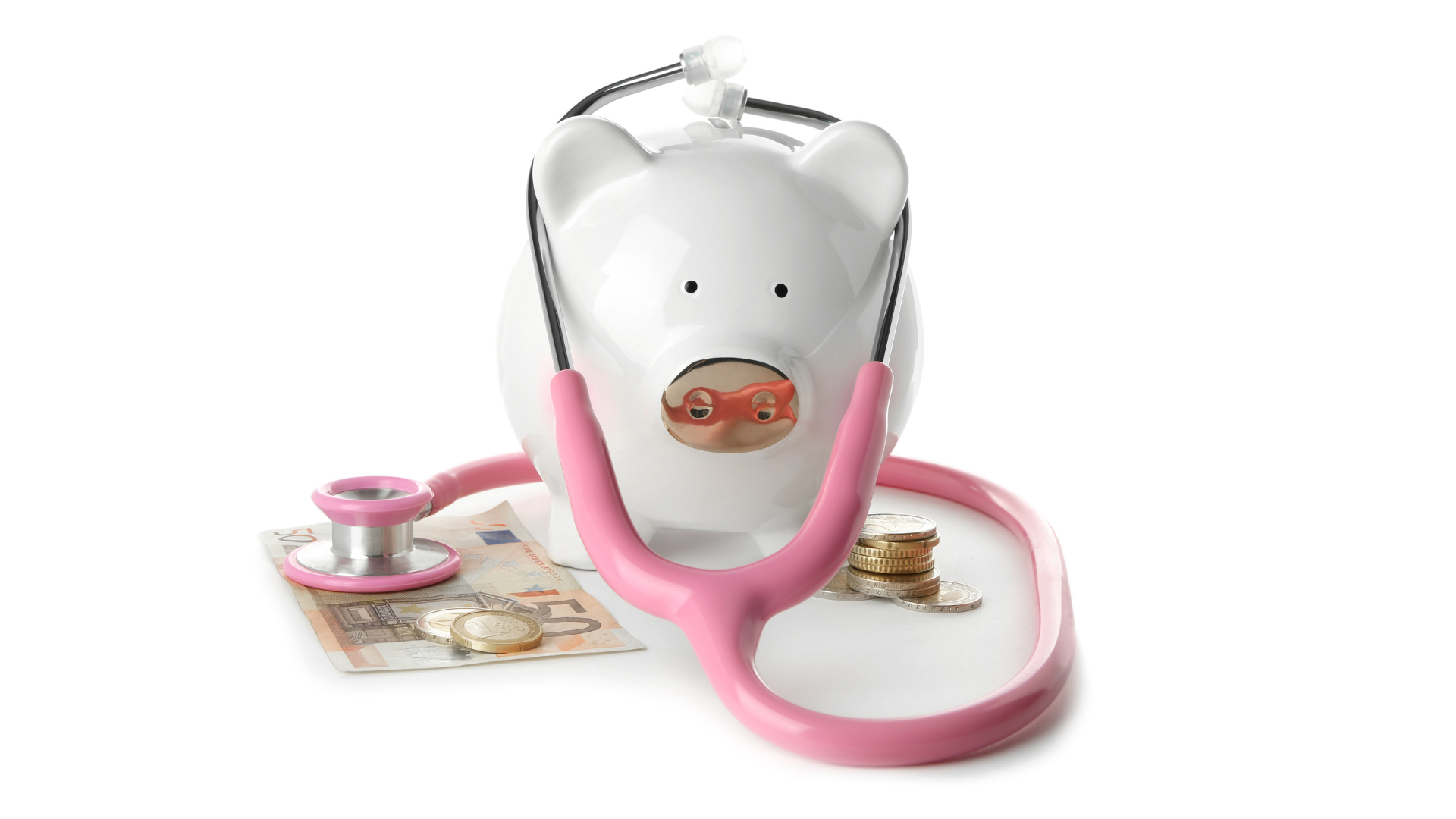 Tirelire cochon avec stétoscope et billets pour illustrer les possibilités de remboursement de la thérapie MDR
